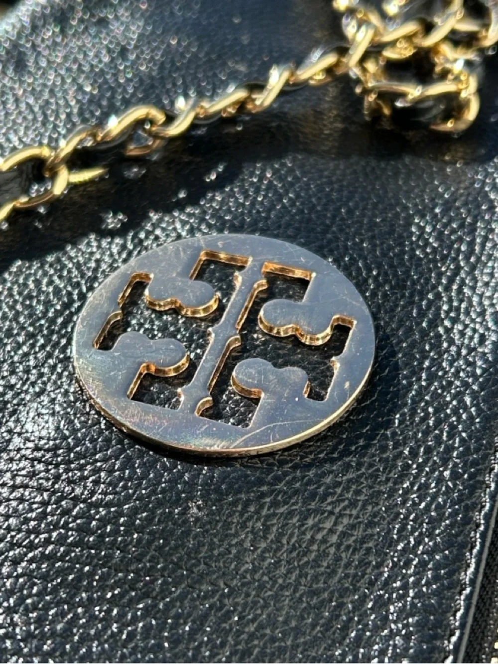 Tory Burch Black Leather Shoulder Bag with Gold Chain‎ & Logo